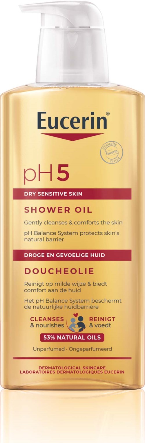 Eucerin Duschöl bei trockener, empfindlicher Haut mit pH 5, 53% natürliche Öle, sanft und nährend.
