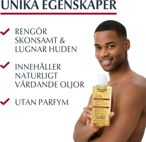 Ein lächelnder Mann hält eine gelbe Eucerin-Duschöl-Flasche auf der rechten Seite, mit Vorteilliste für die Haut auf der linken Seite.
