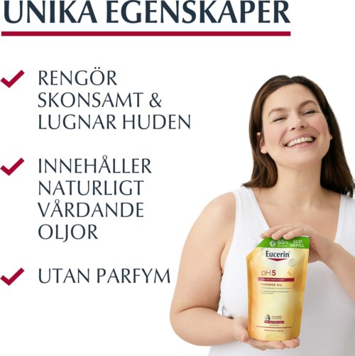 Eine Frau lächelt, hält eine Flasche Eucerin Duschöl, mit Text zu Hautpflegeeigenschaften auf Deutsch.