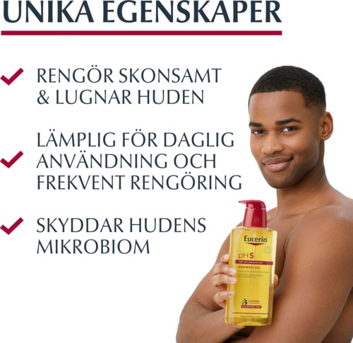 En man som håller en gul flaska med Eucerin-produkt, med text som förklarar dess fördelar för hudvård.