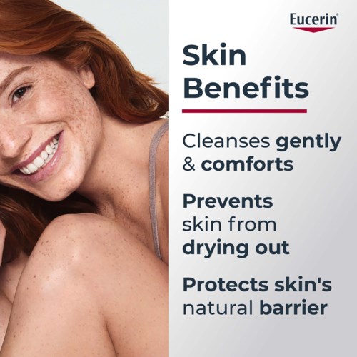 A smiling woman with red hair and freckles, showing healthy skin next to a list of skin benefits, including cleansing and protection.