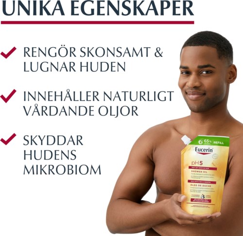 En man håller Eucerin-duscholja, med en lista över hudvårdsfördelar på svenska.