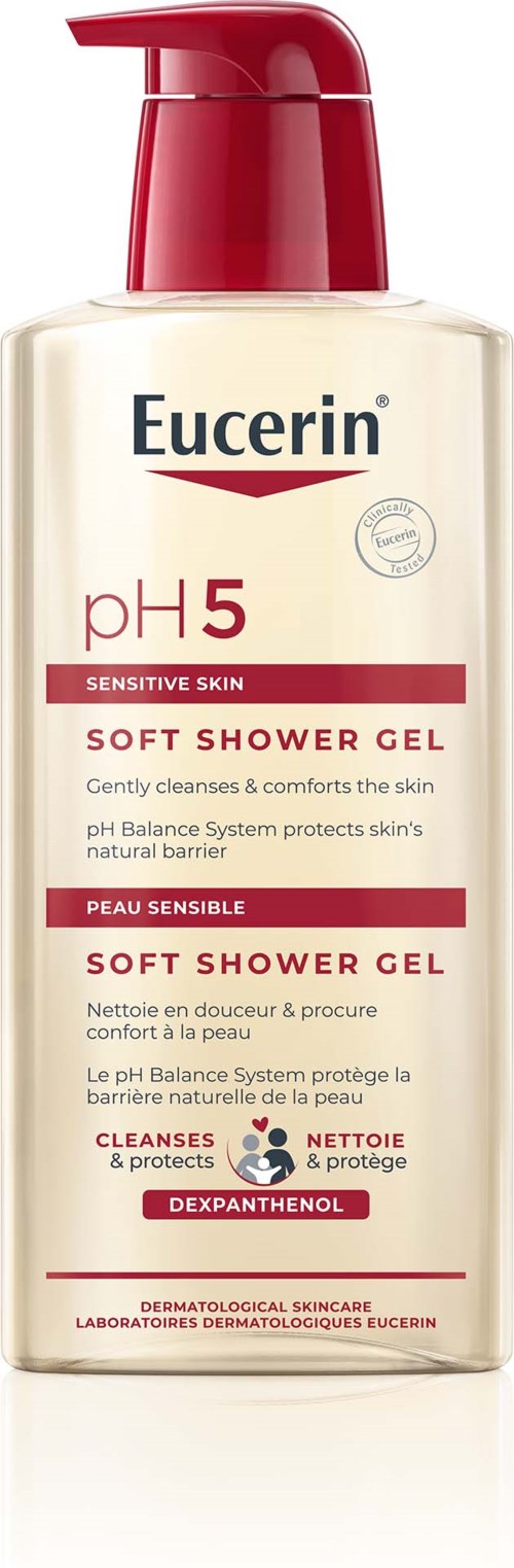 Eine Flasche Eucerin pH5 Soft Shower Gel für empfindliche Haut mit roter Pumpe und Etikett.