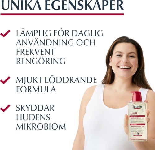 Frau lächelnd hält eine Flasche Eucerin pH5 Duschgel, Plakat listet Hautpflegeeigenschaften.