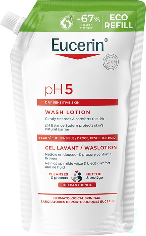 Eucerin pH5 vaskelotionpose med hvid, grøn og rød etikette, med tekst om hudplejefordele.