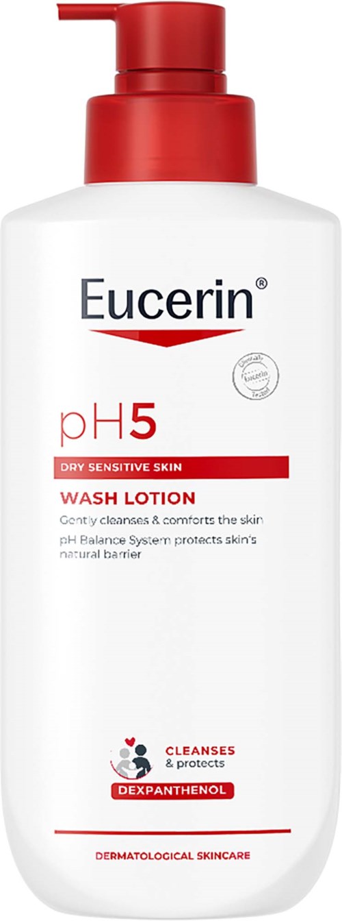 Eucerin pH5 kuivan ja herkkäihon pesuvoidepullo pumpulla, valkoinen ja punainen etiketti.