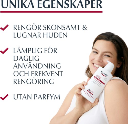 En kvinna ler och håller en flaska hudvårdsprodukt, med text som framhäver dess milda, lämpliga och parfymfria egenskaper.