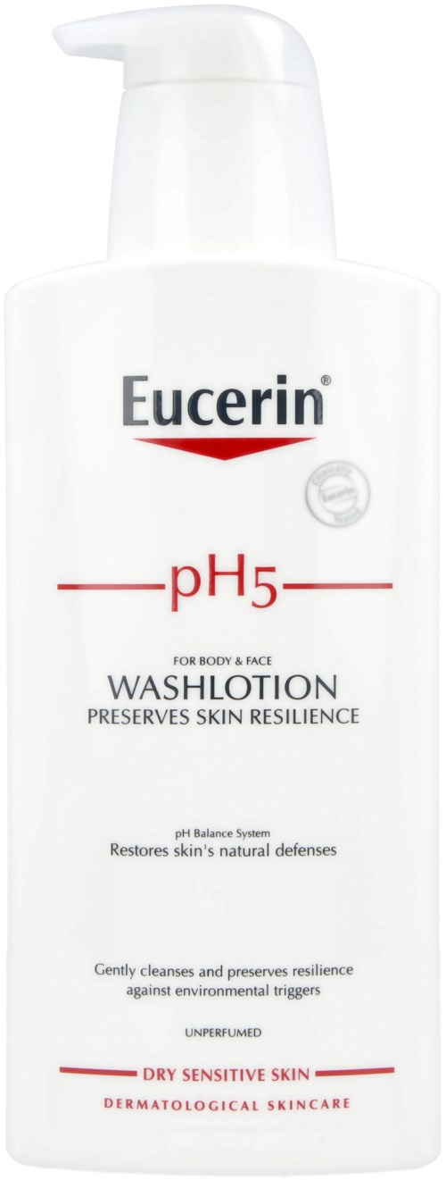 En vit flaska märkt Eucerin pH5 Washlotion för känslig hud, utformad för att rengöra och skydda huden, med pump.