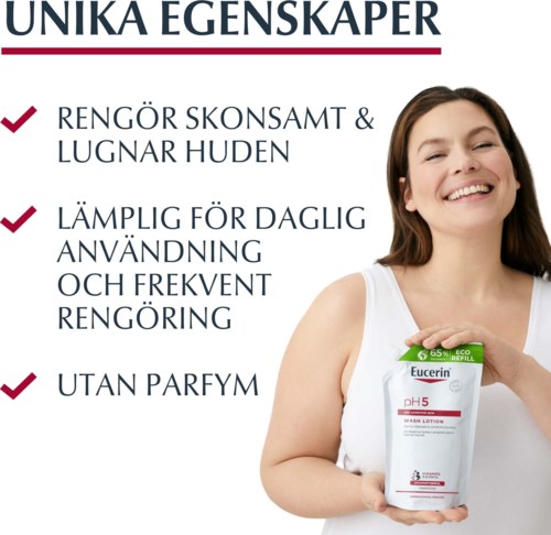 Text hebt Hautvorteile, tägliche Anwendung und frei von Duft hervor. Eine lächelnde Frau hält eine Lotion.