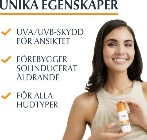 Textlista med solskyddsfördelar, med en leende kvinna som håller produkten och en logga längst upp.