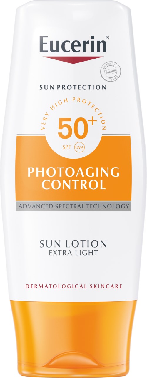 Eucerin aurinkovoide erittäin vaalealle iholle, SPF 50+, ehkäisee ikääntymistä, valkoisessa ja oranssissa pullossa.