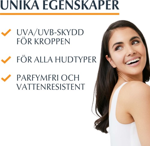 Teksti korostaa ihon suojaa, sopii kaikille ihotyypeille, hajusteeton ja vedenkestävä.
