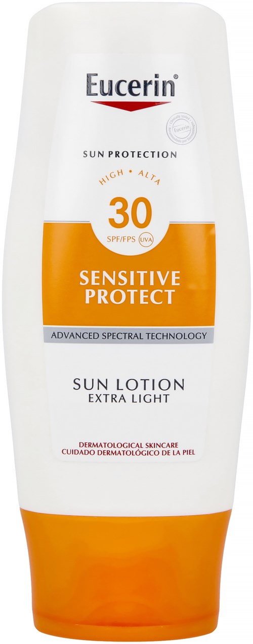 Eucerin solkräm för känslig hud, SPF 30, med avancerad spektroteknologi, i vit och orange flaska.