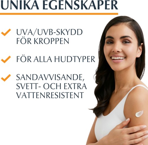 Teksti kertoo ihonsuojasta, sopii kaikille ihotyypeille, vedenkestävä ja extra vedenkestävä. Hymyilevä nainen levittää aurinkovoidetta.