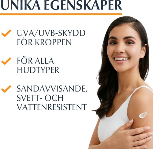 Text lists skin protection benefits with a smiling woman and a small skincare cream.
