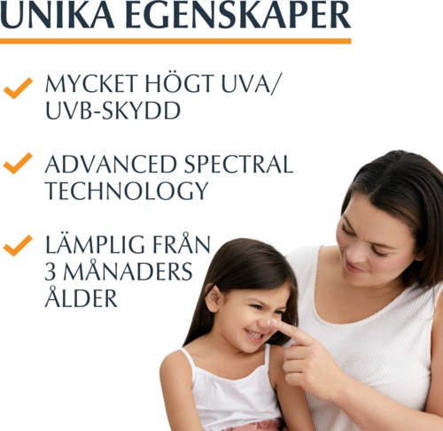Ruotsinkielistä tekstiä, jossa mainitaan ihon suojausominaisuuksia, ja nainen ja tyttö hymyilevät ja koskettavat hänen nenäänsä.