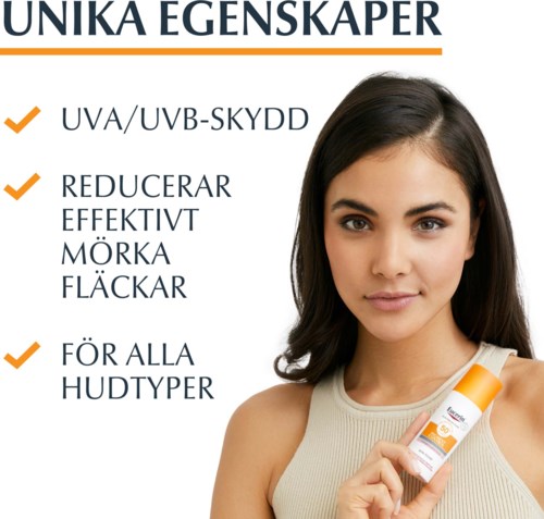 Produkteigenschaften: schützt vor UV-Strahlen, reduziert dunkle Flecken, geeignet für alle Hauttypen. Frau hält Sonnencreme.
