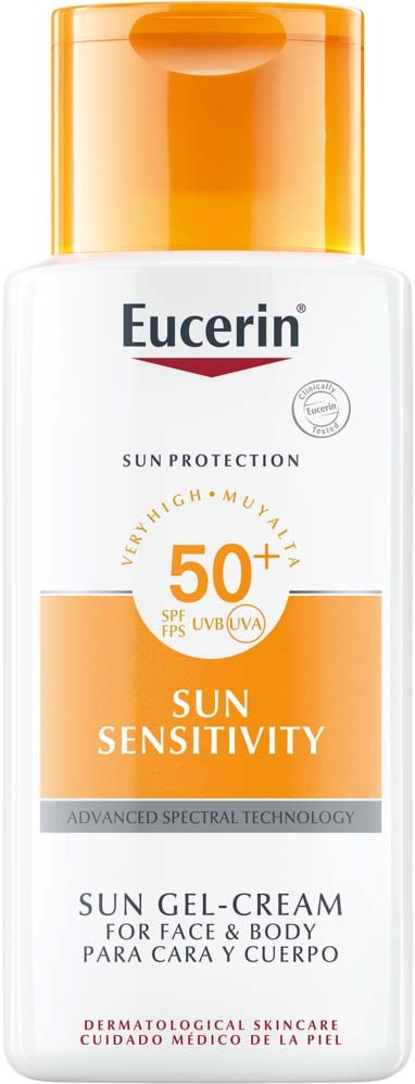 Eine weiße Flasche mit orangefarbigem Deckel. Bietet Sonnenschutz mit SPF 50+ für Gesicht und Körper.