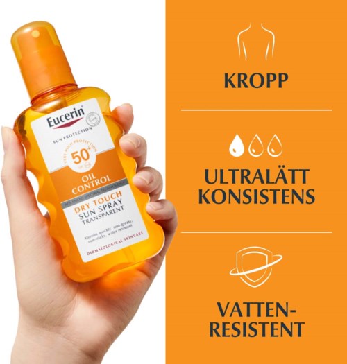 En hand som håller en flaska med solskyddsspray med SPF 50, märkt för olje- och vattenresistens samt hydrering.