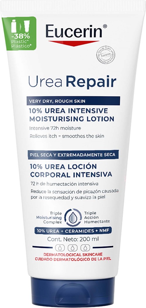 Eucerin Urea Repair fugtighedscreme i hvid tube med blå låg, med 10% urea til tør hud.