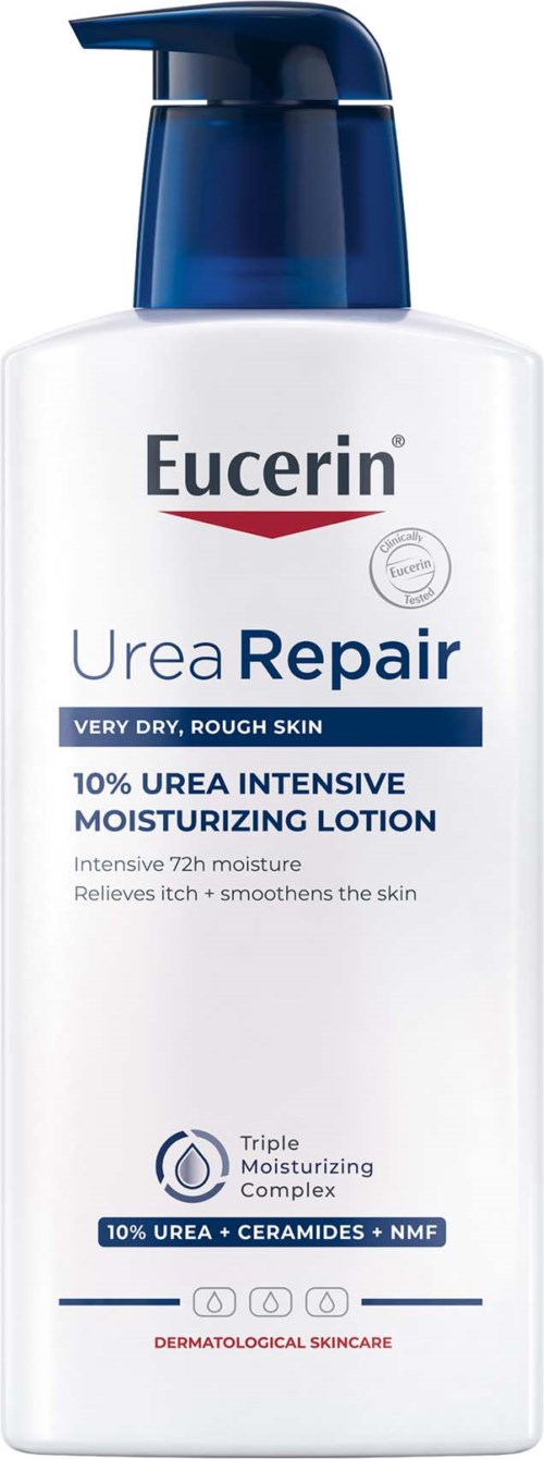 En vit flaska med blå kork, märkt Eucerin Urea Repair, för mycket torr, grov hud, hjälper till att återfukta och släta ut huden.