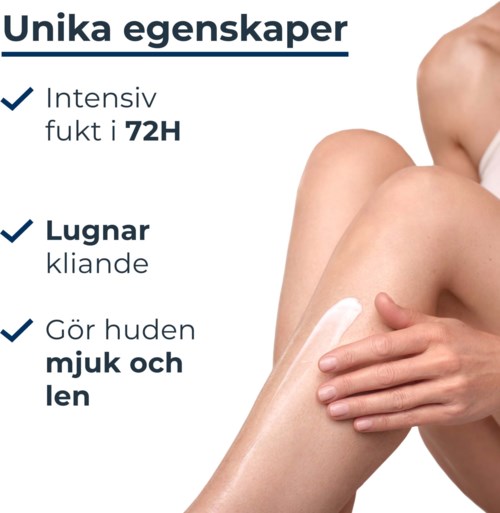 Textlistor för hudvård: intensiv fukt, lugnande, gör huden mjuk och len. Visar applicering av lotion på benet.