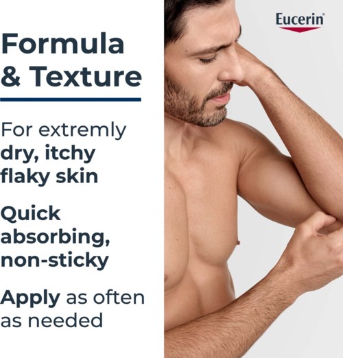 Eucerin-logo og hudplejetips til tør, kløende, skællende hud på en mand.