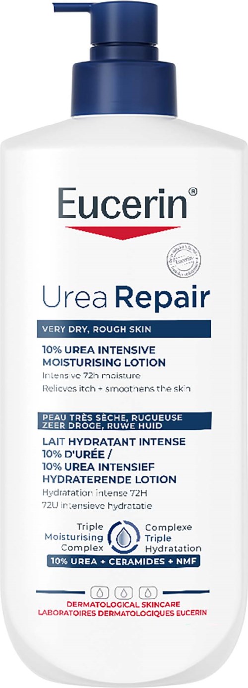 Hvid flaske med Eucerin Urea Repair fugtighedscreme med blå pumpe, mærket til meget tør, grov hud, 10% urea og fugtgivende ingredienser.