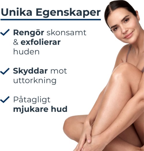 Bildet lister opp hudfordeler: renser, eksfolierer, beskytter og gjør huden mykere.