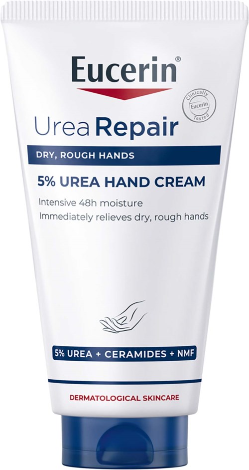 Tub med Eucerin Urea Repair handkräm för torra, grova händer med 5 % urea, ceramider och NMF.