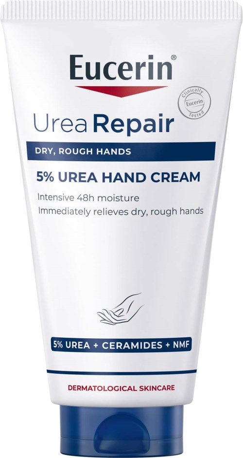 Eucerin Urea Repair Handcreme bei trockenen, rauen Händen, enthält 5% Urea, spendet Feuchtigkeit und lindert Trockenheit.