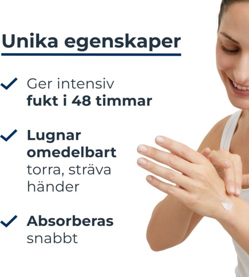Hautpflegeprodukt: spendet intensiv Feuchtigkeit 48 Stunden, beruhigt trockene Hände, zieht schnell ein.
