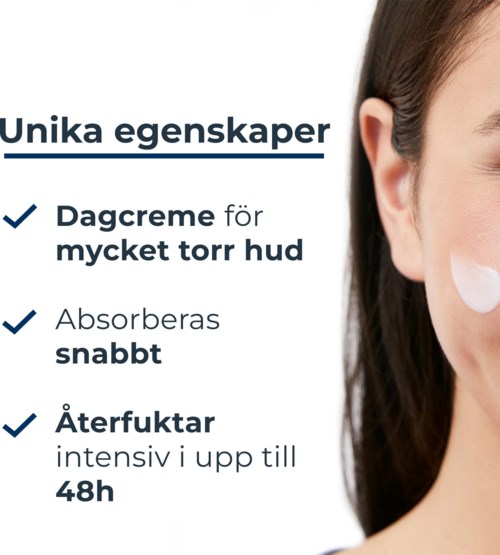 Textbanner som förklarar fördelar med hudvårdsprodukten: återfuktar torr hud, absorberas snabbt, håller i upp till 48 timmar.