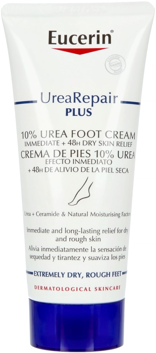 A white and blue tube of Eucerin UreaRepair Plus foot cream for very dry, rough skin, with key information printed clearly.