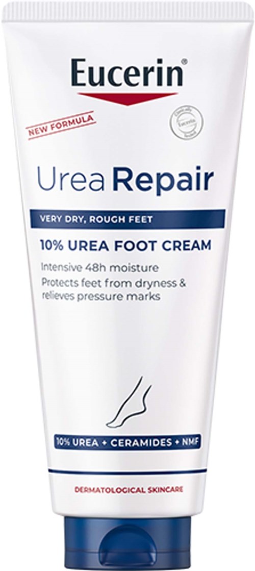 Eucerin Urea Repair fotkräm förpackning med blått lock och text som säger att den återfuktar och skyddar mycket torra, grova fötter.