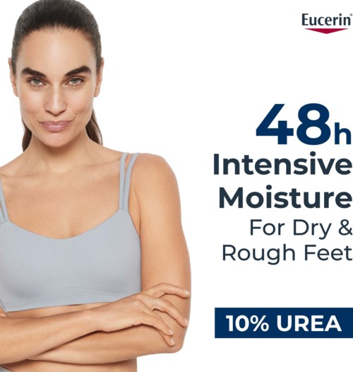 Eucerin-logga, fetstil text om 48 timmars intensiv fukt för torra och knottriga fötter, med 10 % Urea, på en vit bakgrund.