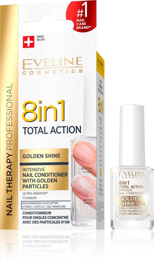 Eine Schachtel und eine kleine Flasche Nagelpflegeprodukt mit Goldpartikeln, mit den Worten '8in1 Total Action' und 'Golden Shine'.