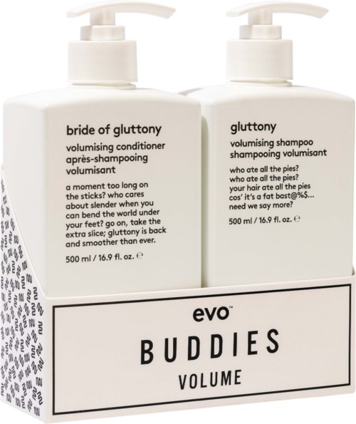 To hvite flasker med hårprodukter merket 'bride of glutony' og 'glutony' med en svart-hvitt emballasje boks.