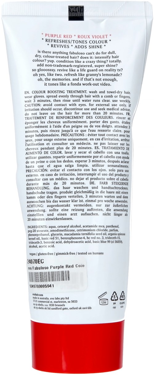 En vit tub med rött i botten, mestadels fylld med text om hårfärgningsprodukt och användningsinstruktioner.