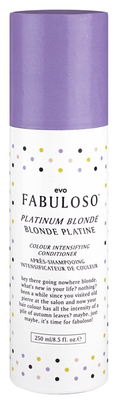 En vit flaska med lila lock och guld, svart prickar. Etiketten säger EVO FABULOSO Platinum Blonde balsam.