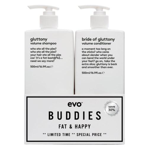 Två schampoflaskor märkta 'gluttony' och 'bride of gluttony'. De är en del av ett kampanjsats som heter 'evo BUDDIES'.