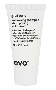 Volumising shampoo tube with text about loving all the pies and needing more.