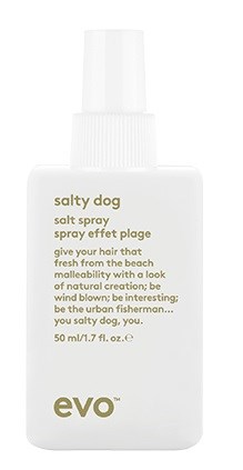 Biała butelka spray o nazwie "salty dog" z tekstem o nadaniu włosom plażowego wyglądu i uczuciu świeżości.