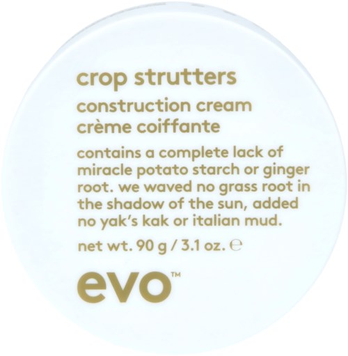 Weißer Deckel mit goldener Schrift, beschreibt Crop Strutters Construction Cream von Evo.