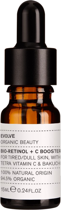 En liten brun glasflaska med pipettlock, märkt som ekologisk hudvård med naturliga ingredienser.