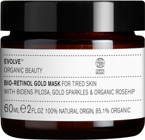 Label for a skincare product with organic ingredients and gold elements for tired skin.