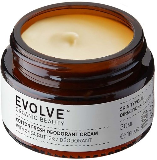 En brun krukke med deodorantkrem med hvit etikett, 30 ml, merket 'Evolve Organic Beauty.'