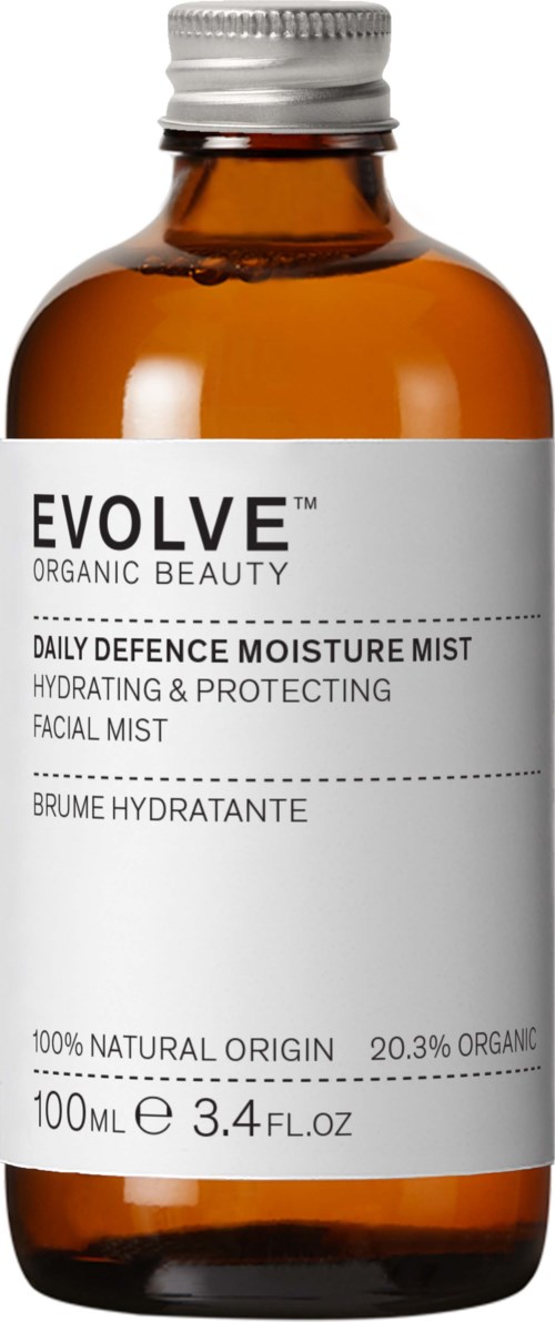 A small brown bottle with a white label, showing the product name ‘EVOLVE ORGANIC BEAUTY’ and details about facial mist.