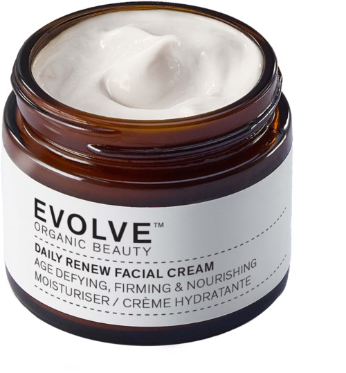 Open jar of white facial cream labeled EVOLVE, organic, for daily skin renewal, moisturizing, firming, nourishing.