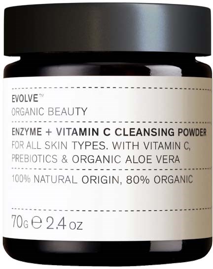 Et krukke med enzym- og vitamin C-ansigtsrensepulver med økologiske ingredienser til alle hudtyper.
